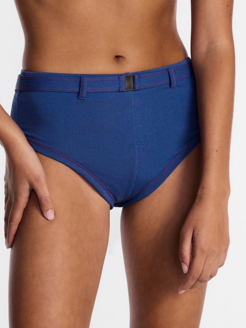 High-Waist Blue Bikini Bottom with Belt Detail by Kacey Lee Size Large 12-14